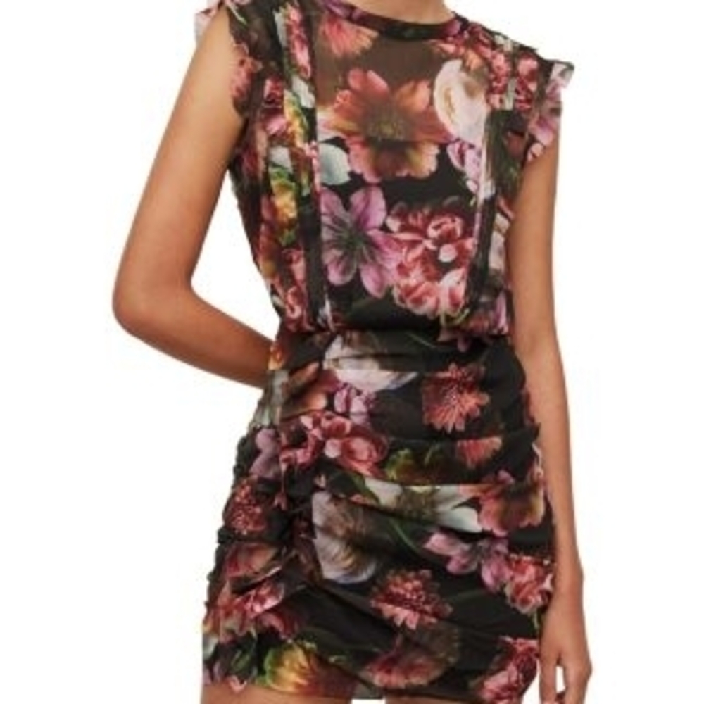 All Saints Floral Mini Dress - Black and Pink